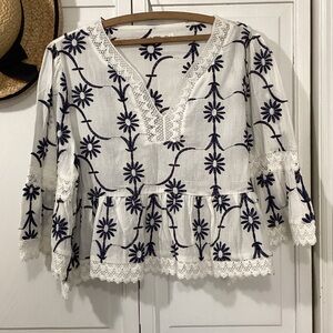 Floral Embroidered White Blouse 100% cotton. Maurice’s edgely brand.